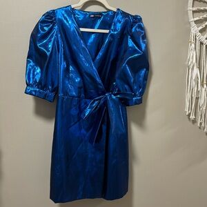 Zara Metallic Blue Puffy Sleeve Wrap Dress